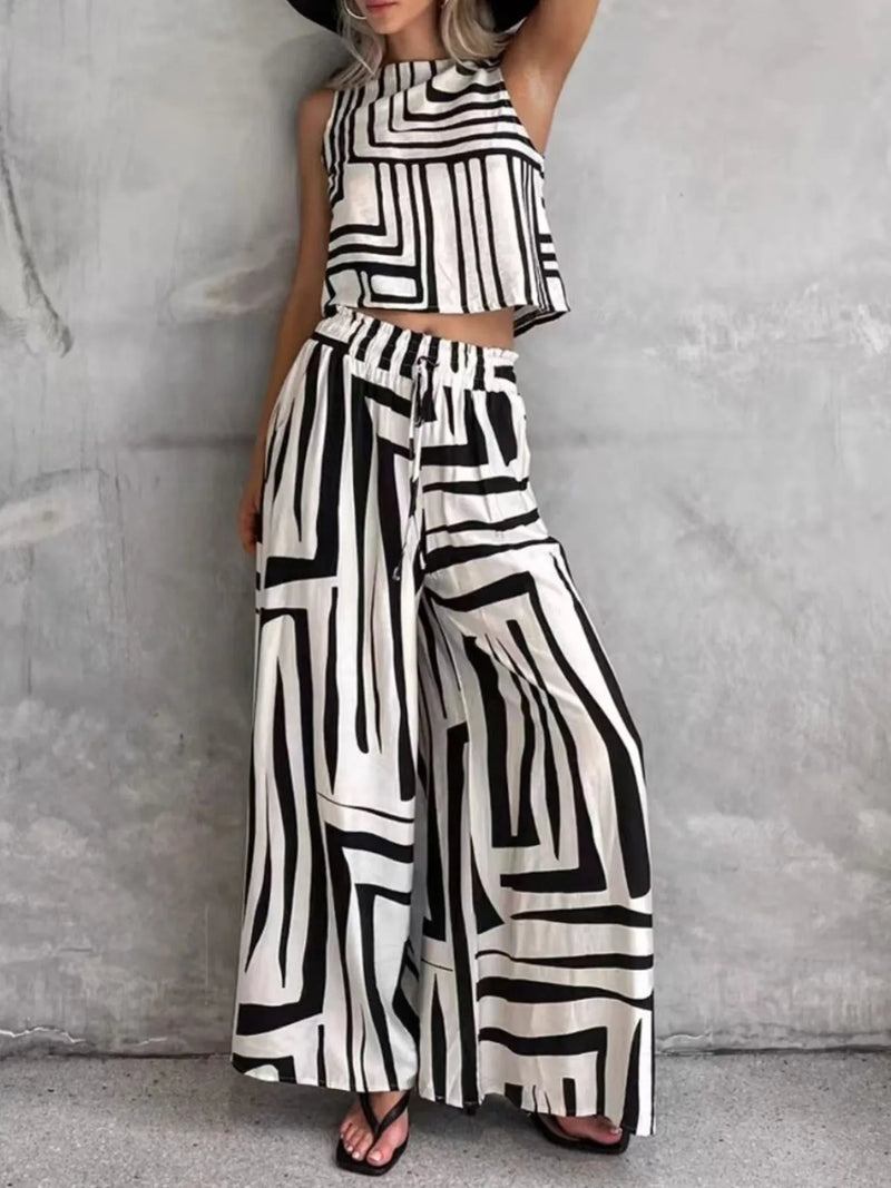 Geometric print top and wide leg pants two piece set front view