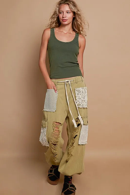 POL Crochet Patch Distressed Washed Jeans - Fashorio