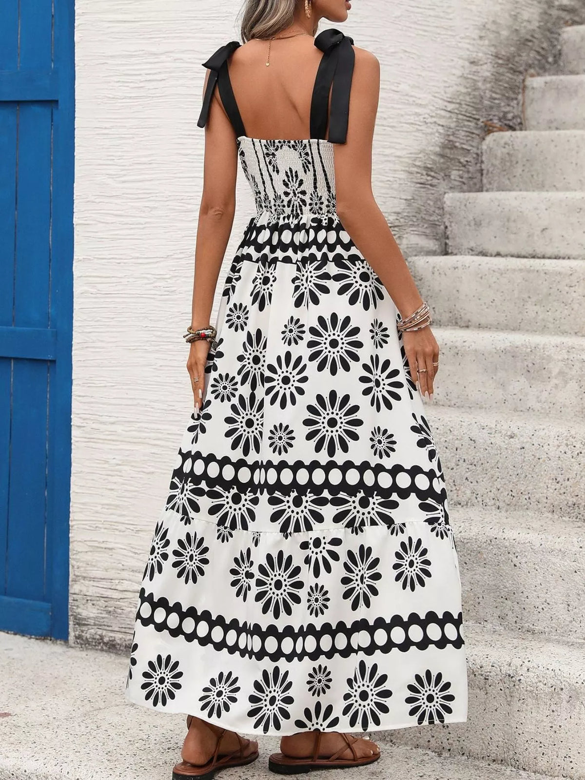 Black floral tie strap maxi dress, neckline and bodice detail