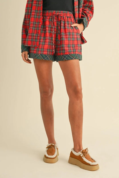 Annie Wear Contrast Plaid Long Sleeve Top and Shorts Set - Fashorio