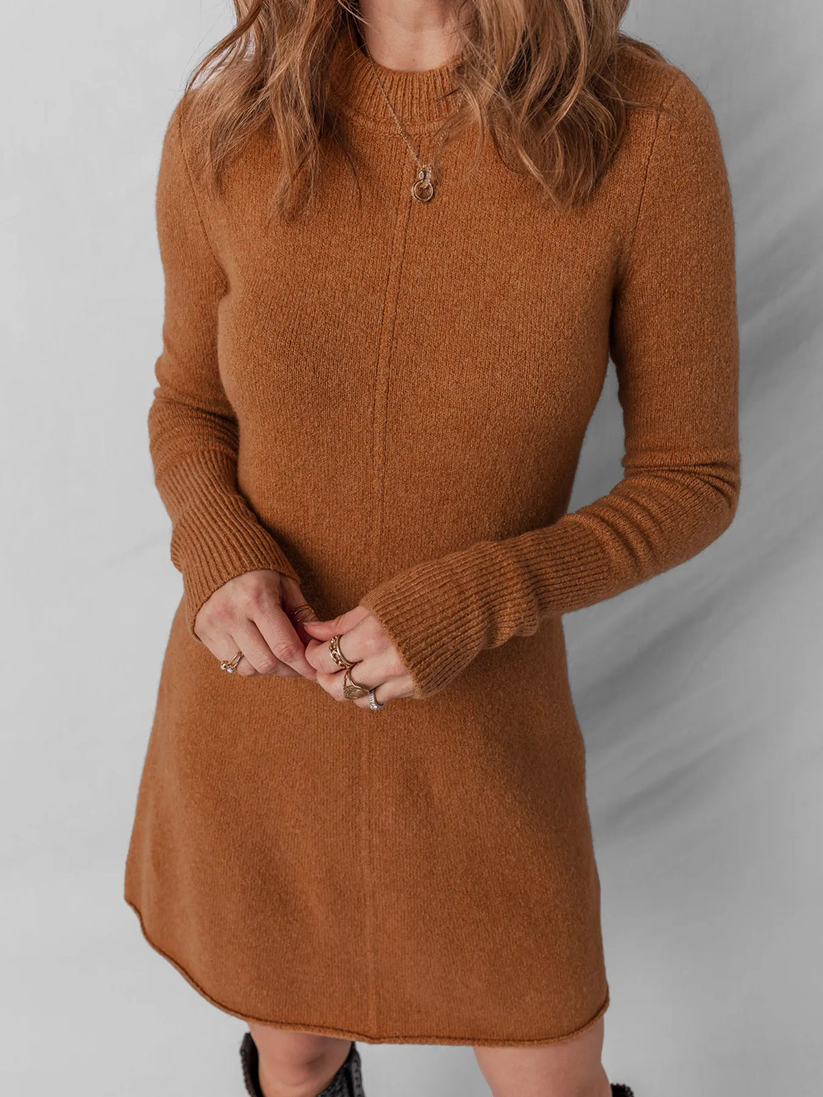 Caramel ribbed sweater dress close up knit detail