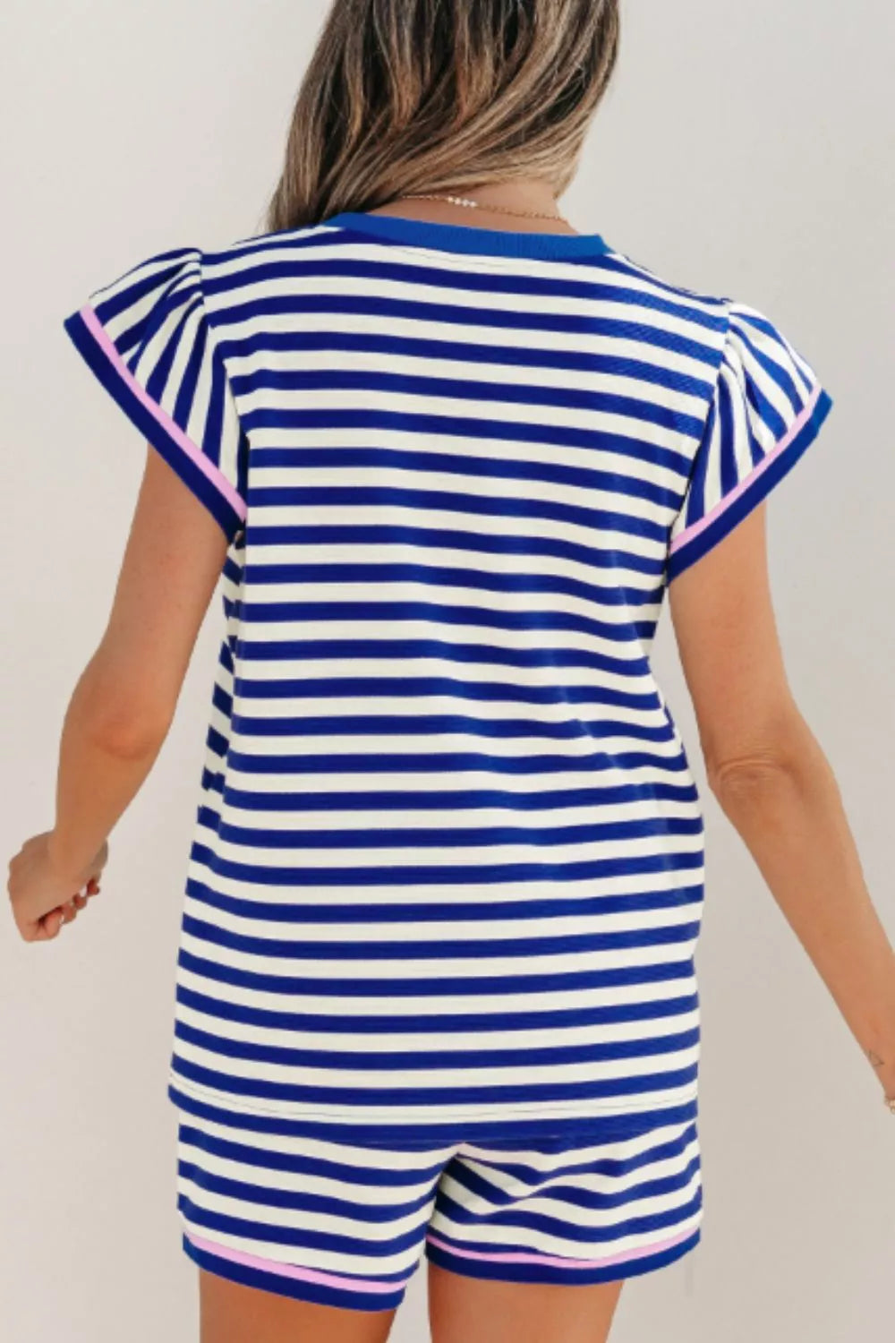 Royal blue striped top and matching pocket shorts two piece set