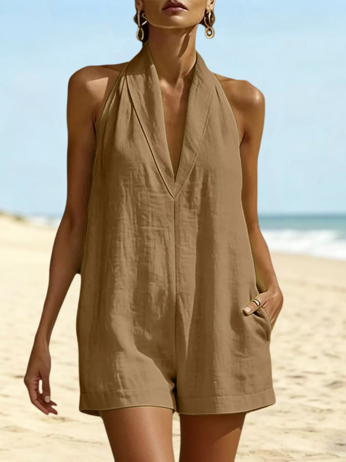 Halter neck romper with pockets back view