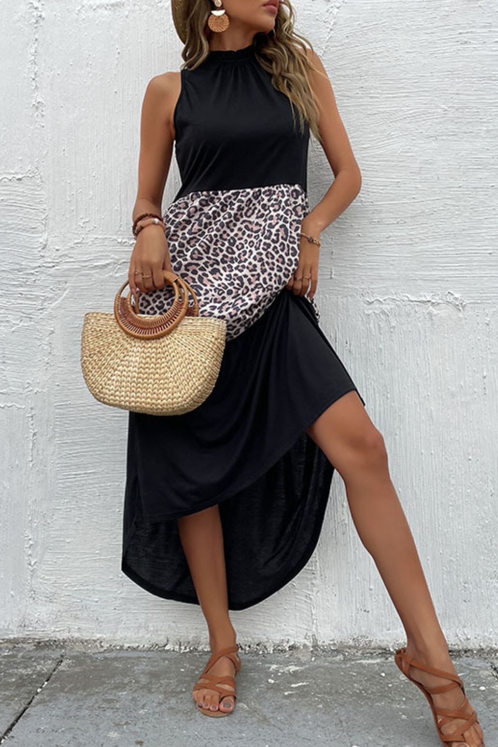 Perfee Leopard Contrast Sleeveless Maxi Dress - Fashorio