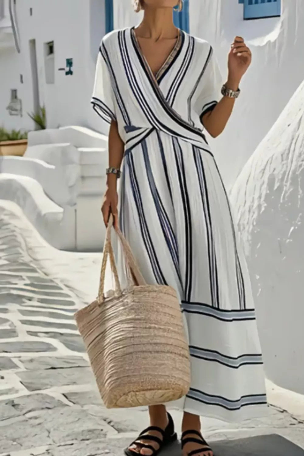 striped wrap half sleeve maxi dress full length view