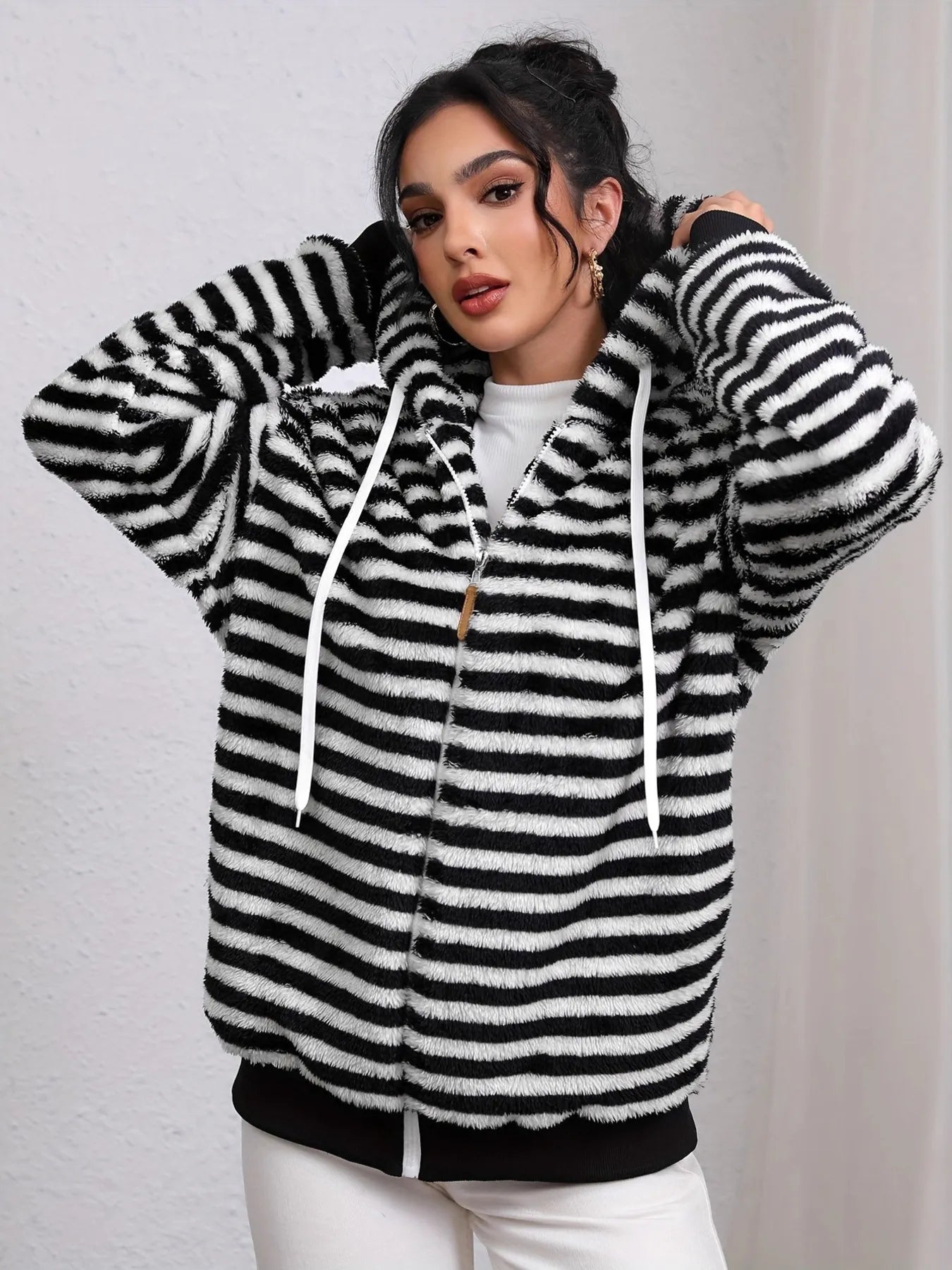 Striped Fuzzy Zip Up Hooded Outerwear - Fashorio