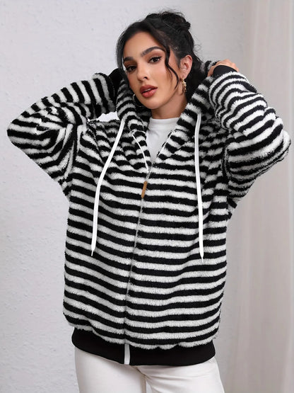Striped Fuzzy Zip Up Hooded Outerwear - Fashorio