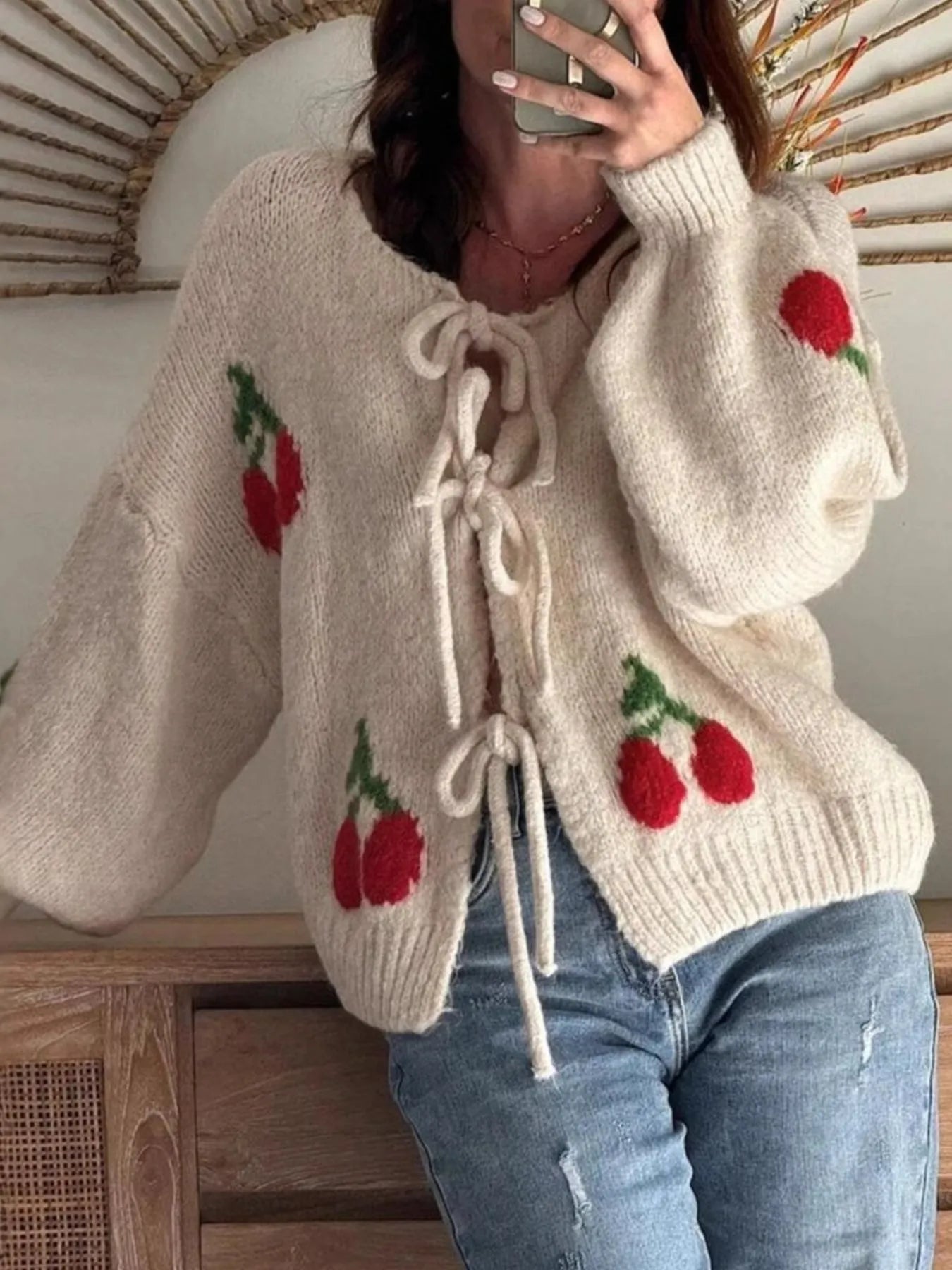 Cherry Pattern Tie-Front Oversized Cardigan - Fashorio