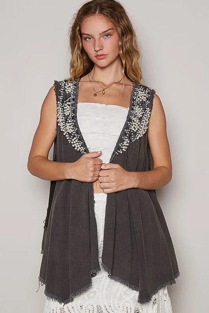 POL Embroidered Pearls Open Front Sleeveless Cardigan - Fashorio