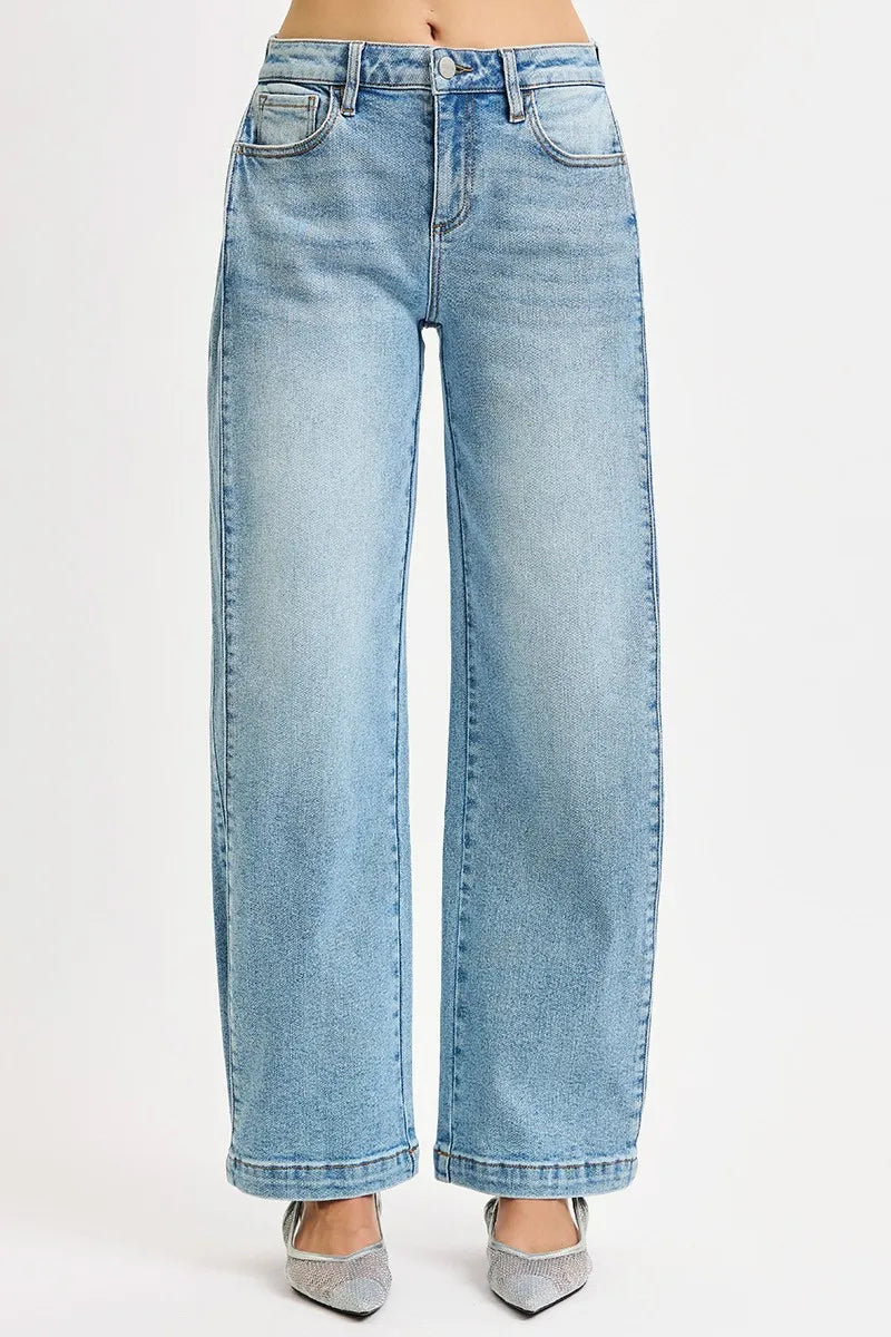 RISEN wide barrel jeans side profile showing tapered leg