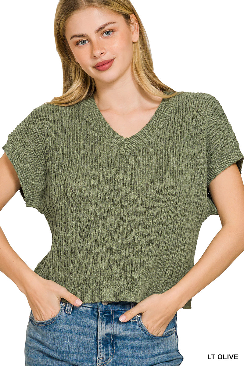 Olive cropped sweater vest front view