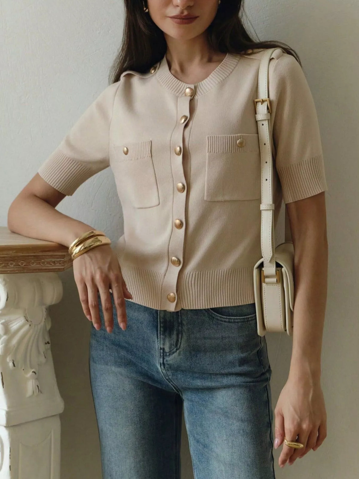 Short sleeve cardigan beige tone