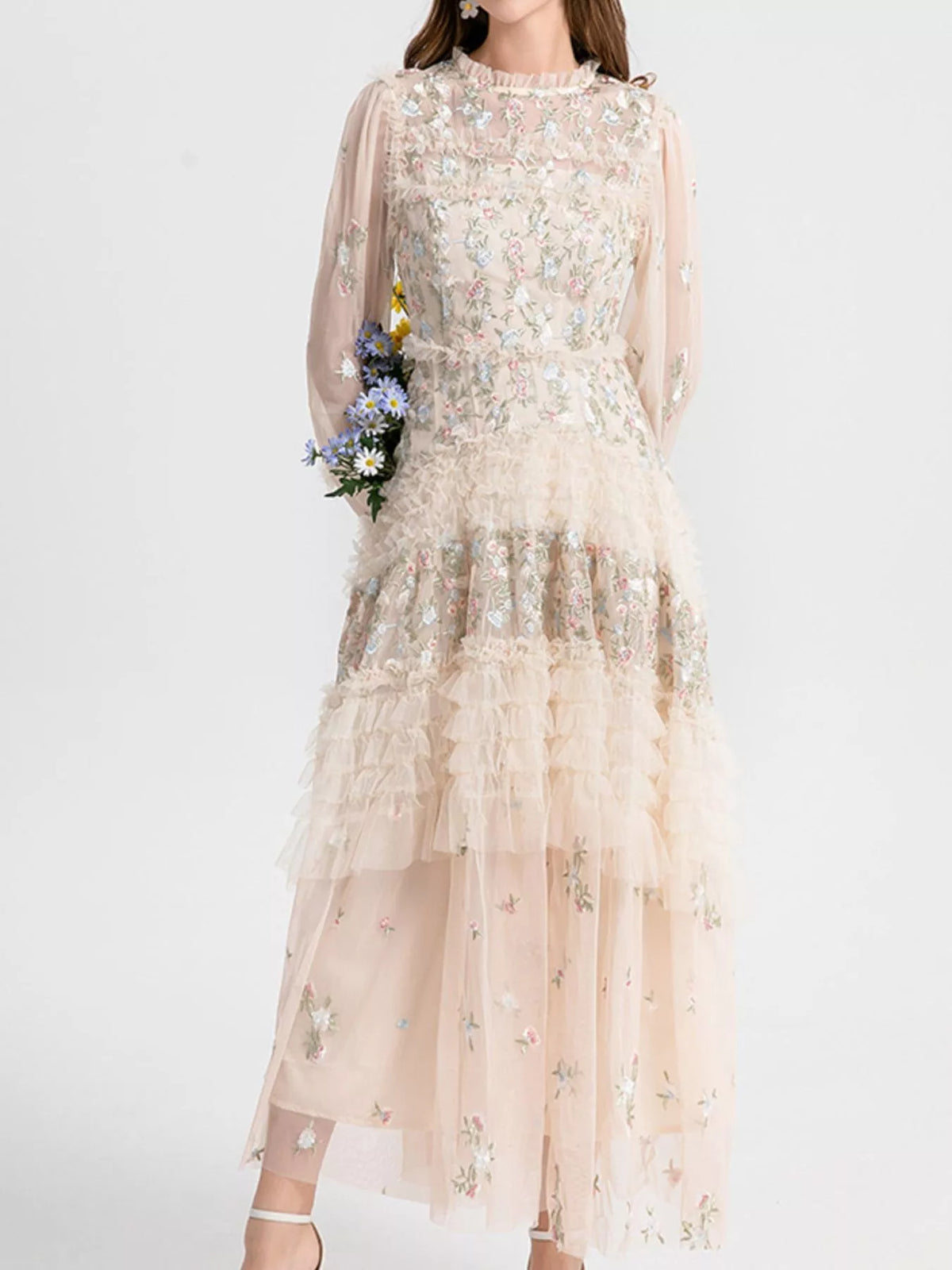 Apricot floral tulle layered maxi dress styled look