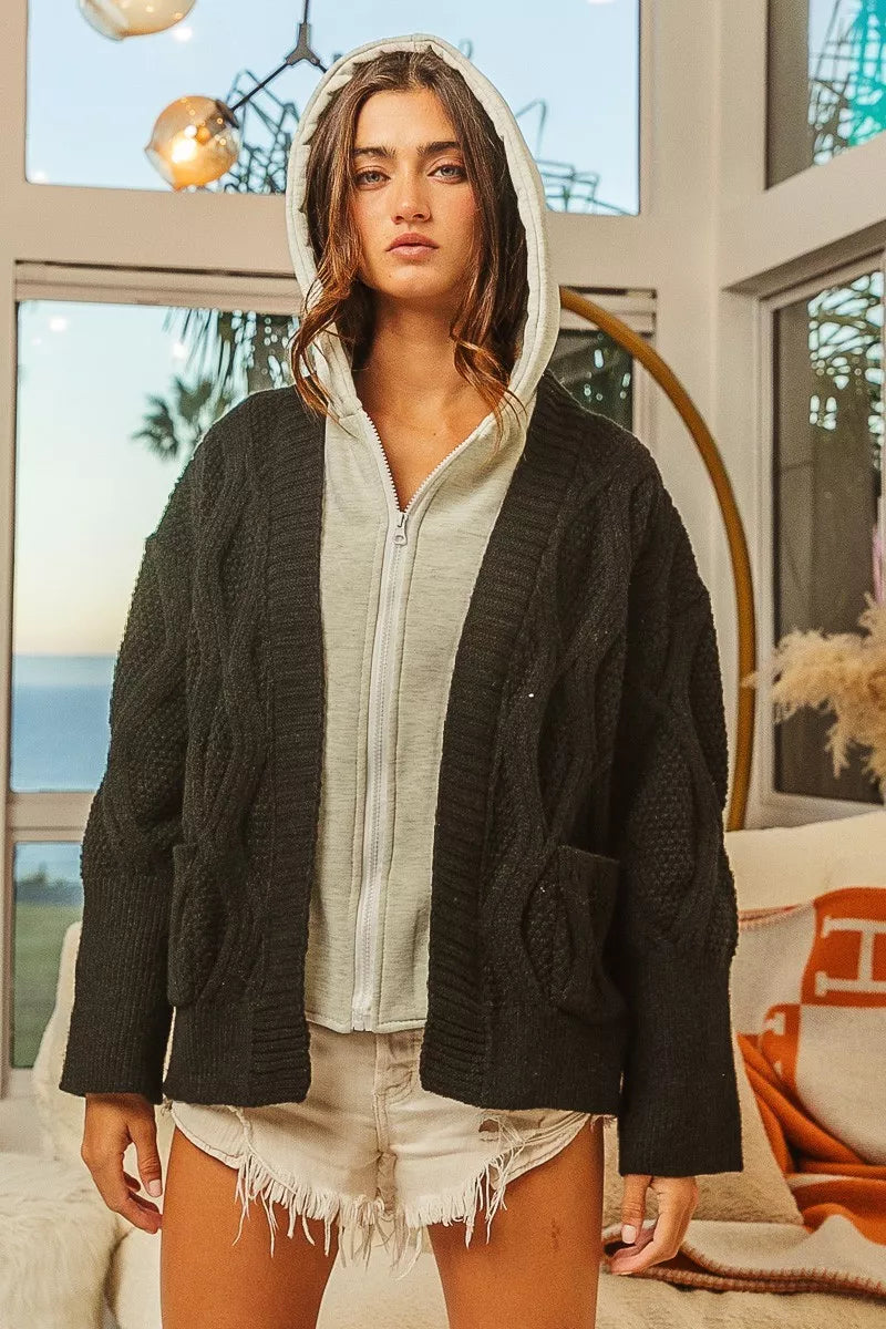 Rhombus Cable Knit Hooded Sweater Jacket close up