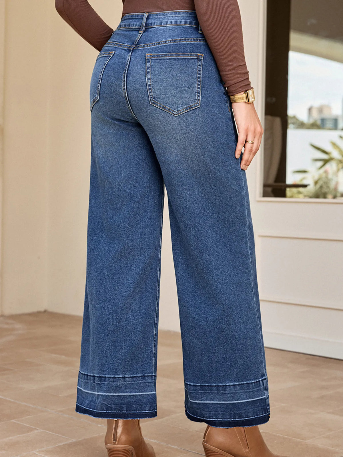 Back view of high waist wide leg jeans