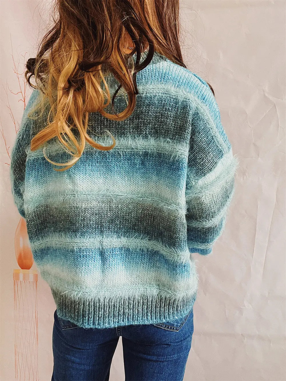 Striped Round Neck Long Sleeve Sweater - Fashorio