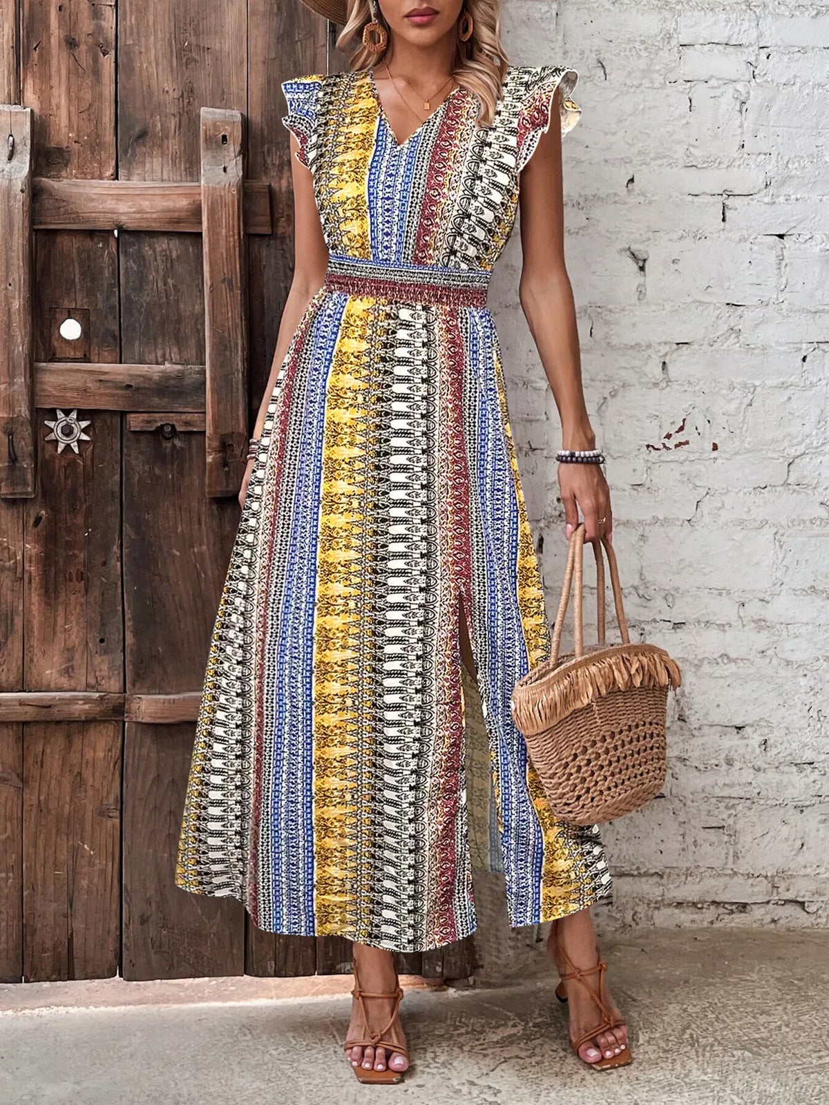 Boho print ruffle sleeve slit dress back view