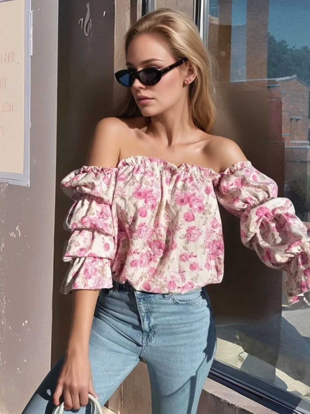 Printed off shoulder blouse back view
