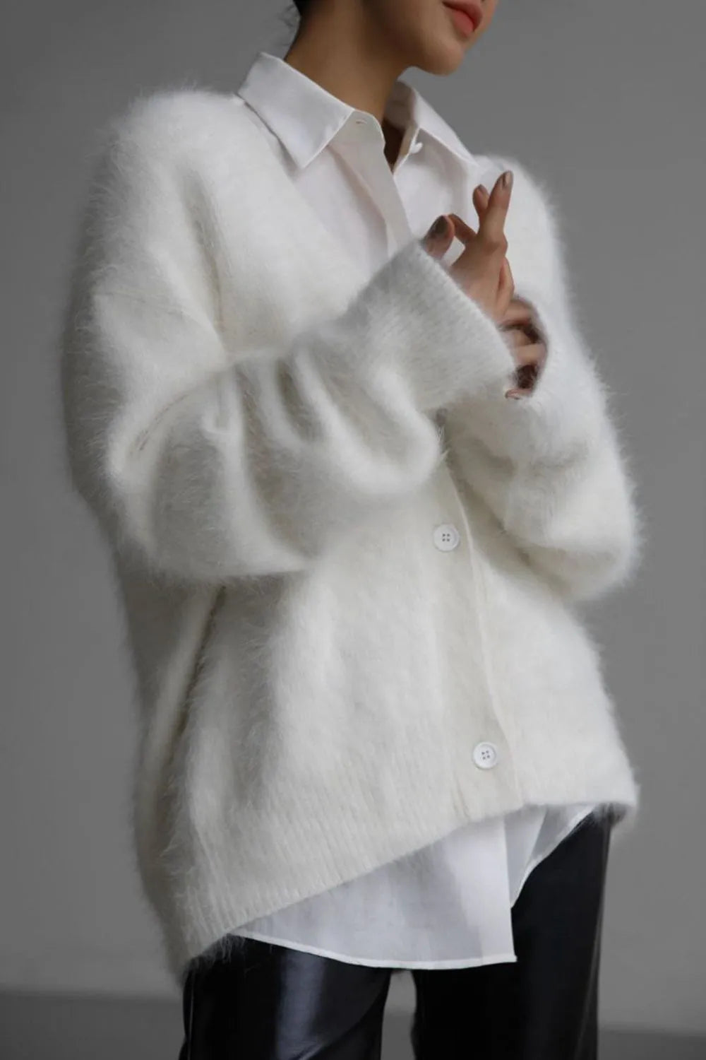 Fuzzy Button Down Long Sleeve Cardigan White - Fashorio