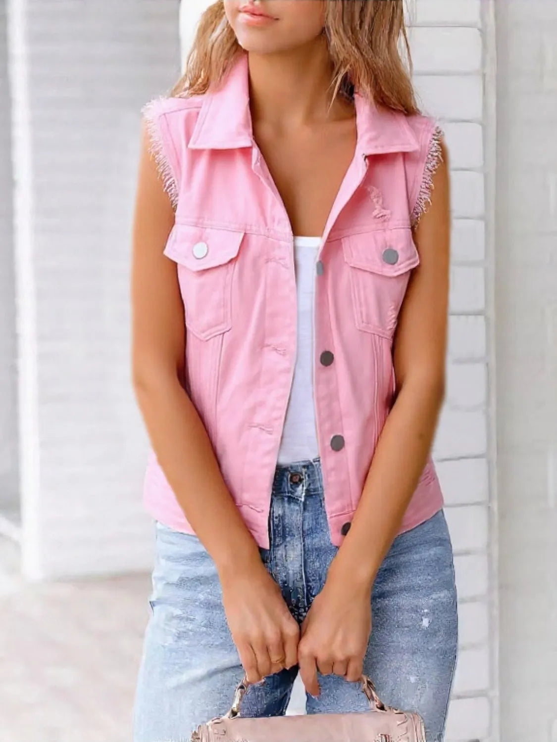 Frayed Denim Vest Plus Size in Blush Pink