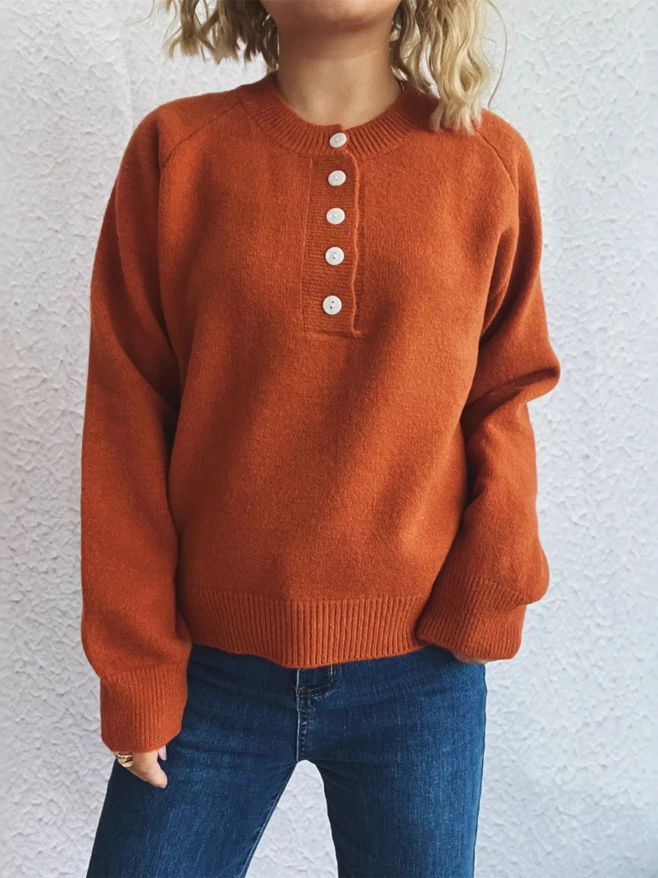Button-Front Long Sleeve Sweater - Fashorio