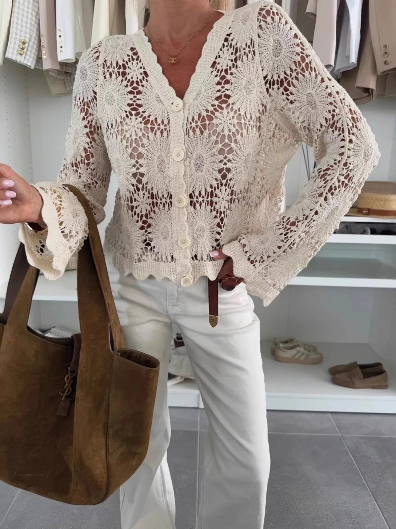 Lace V-Neck Button-Up Cardigan Apricot One size fits all - Fashorio