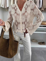 Lace V-Neck Button-Up Cardigan Apricot One size fits all - Fashorio