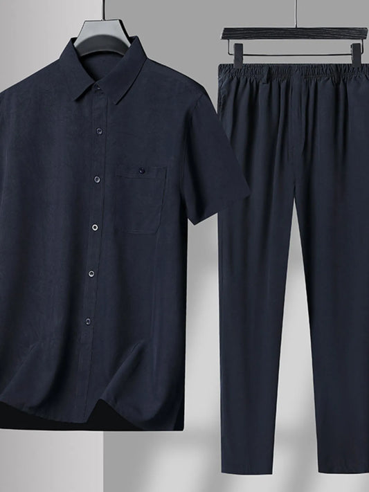 Men's Plus Size Button Up Short Sleeve Shirt and Pants Set Navy - Fashorio