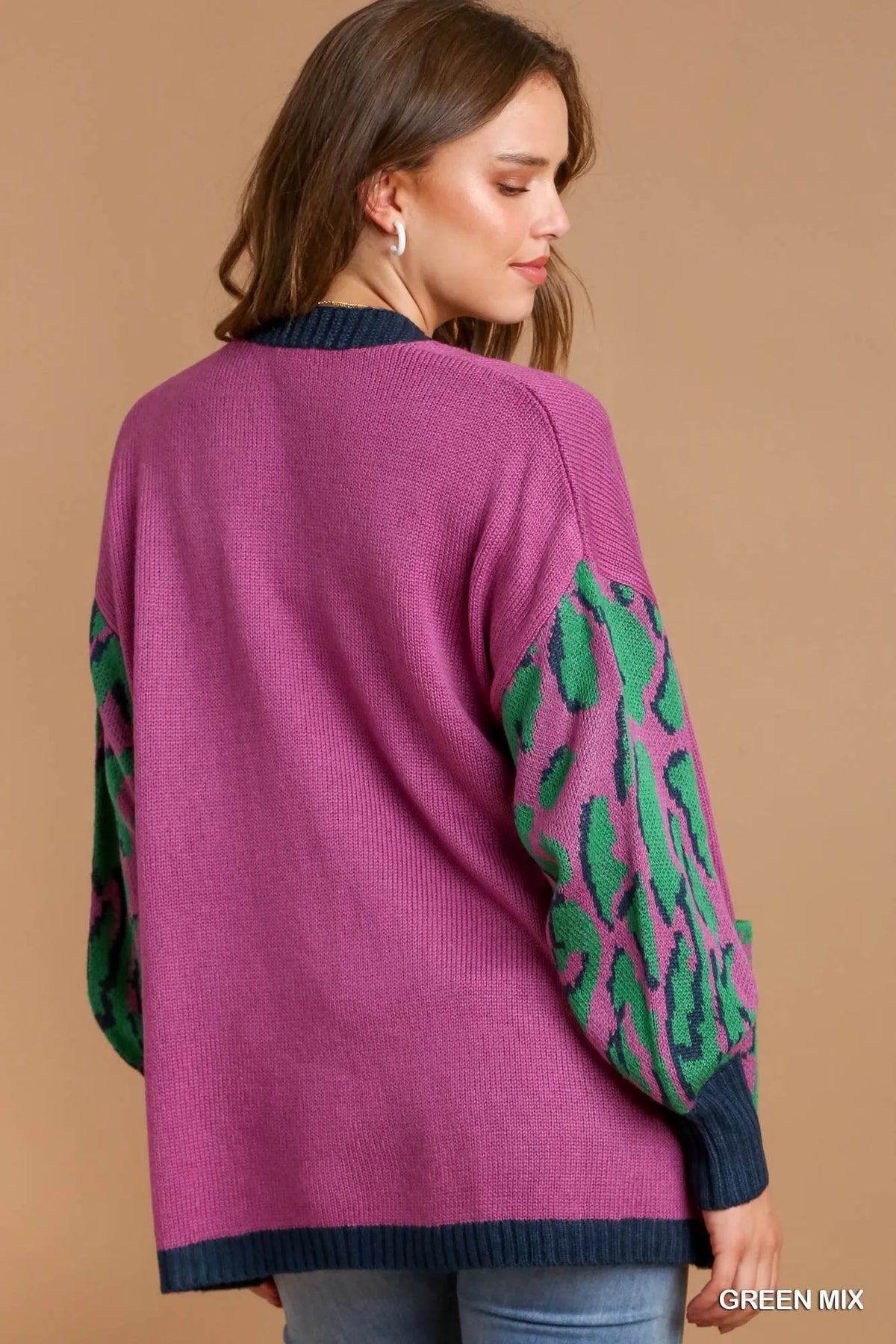 Animal Print Open Front Cardigan in Green side view