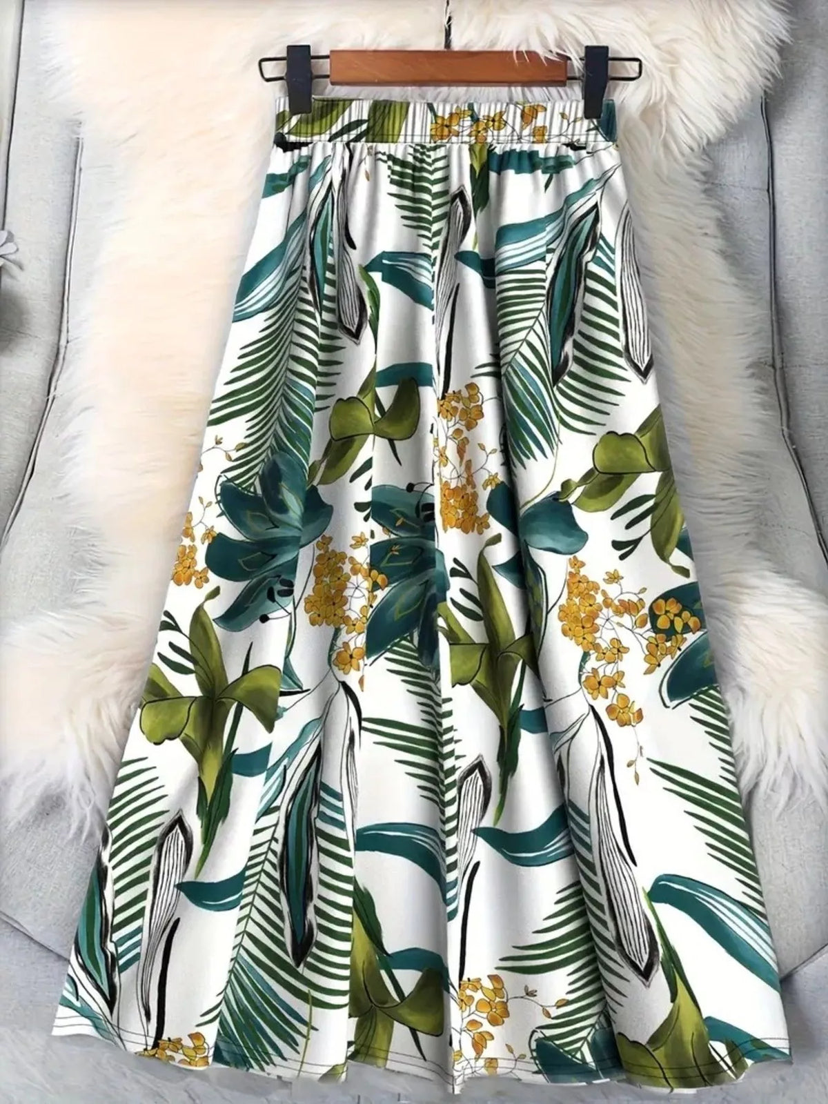 Close view of the skirt fabric drape and print scale