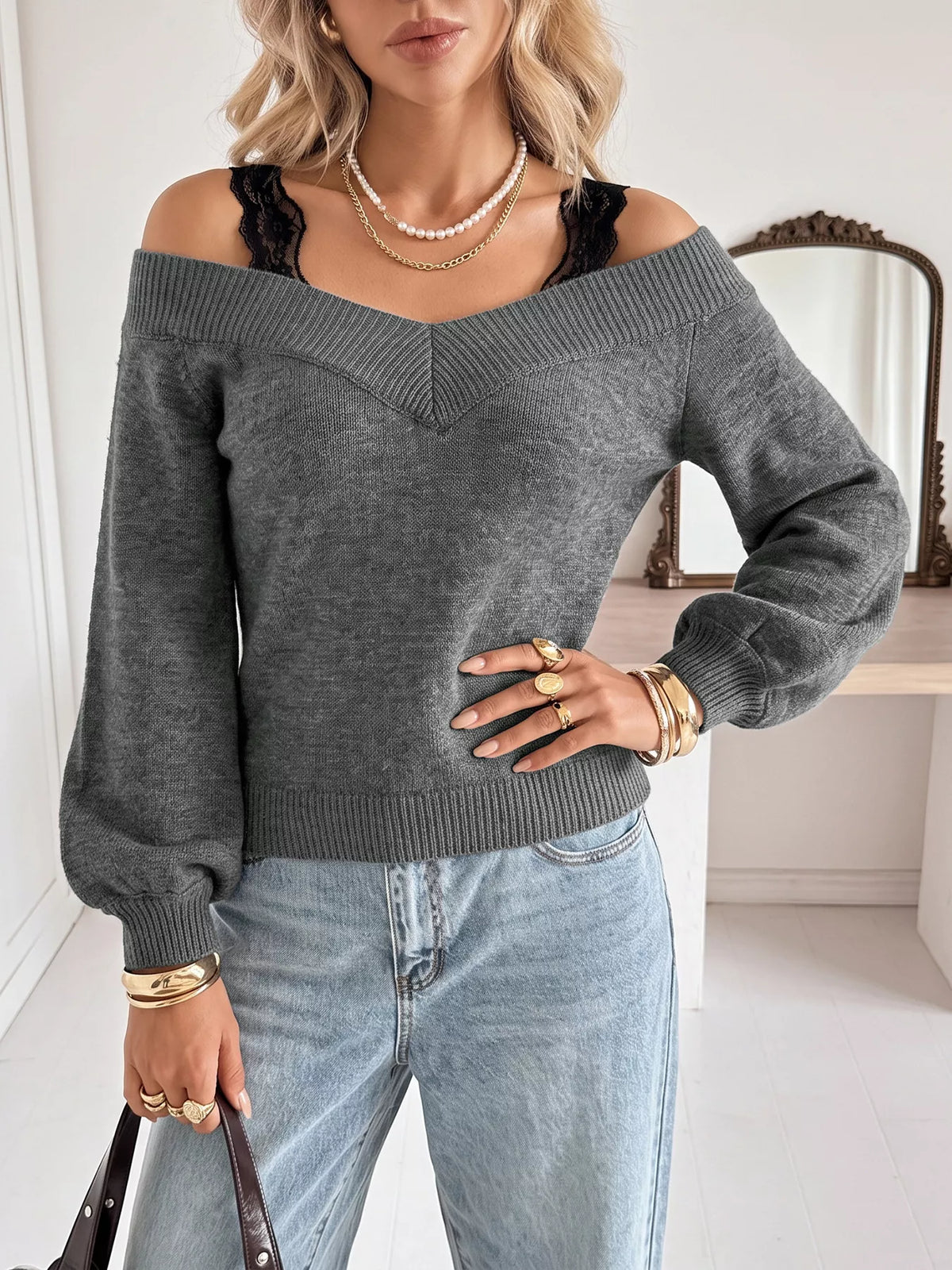 Lace Trim Off Shoulder Sweater detail
