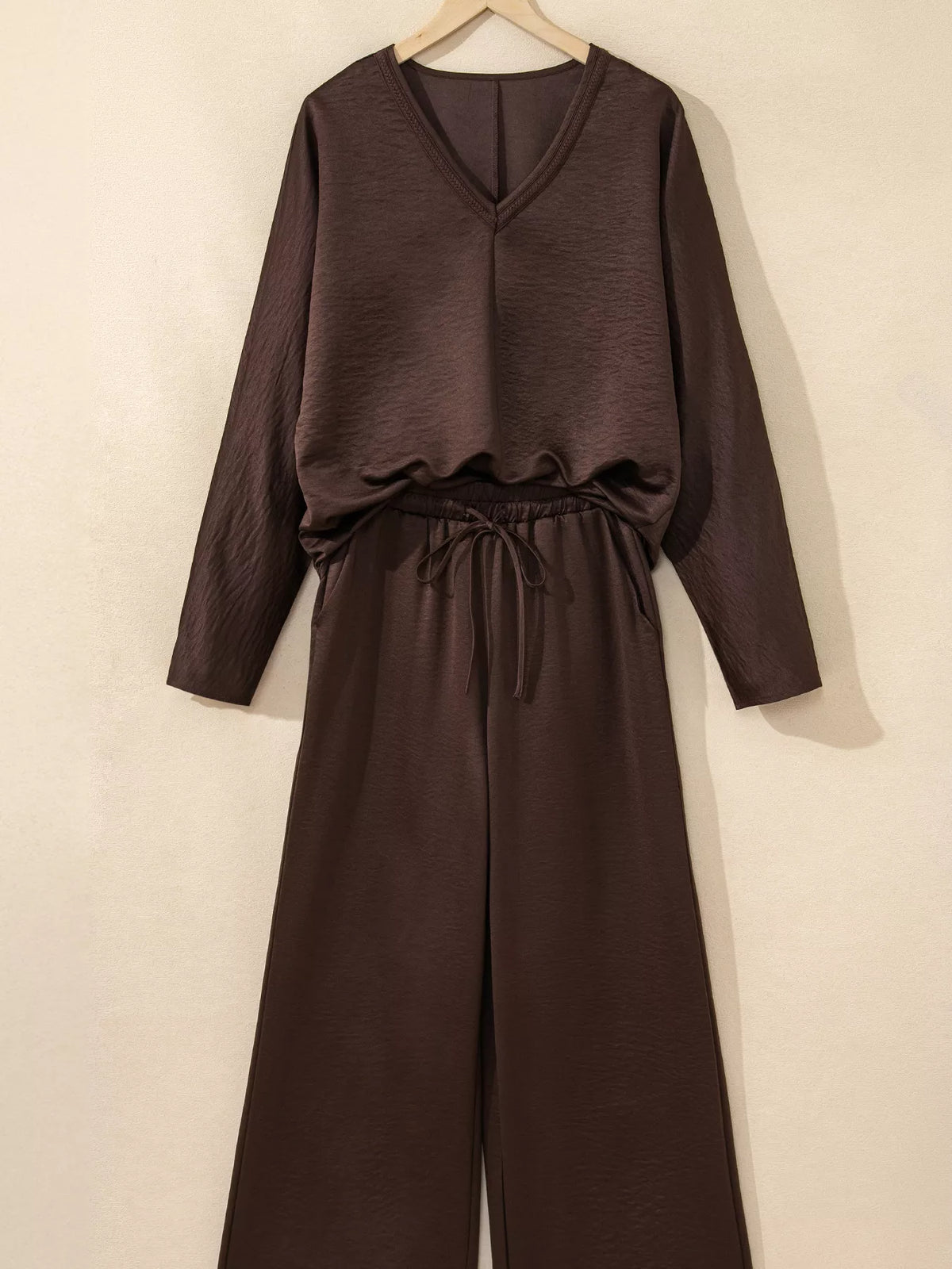 Braided V Neck Loose Top and High Waist Pants Two Piece Set, view 7