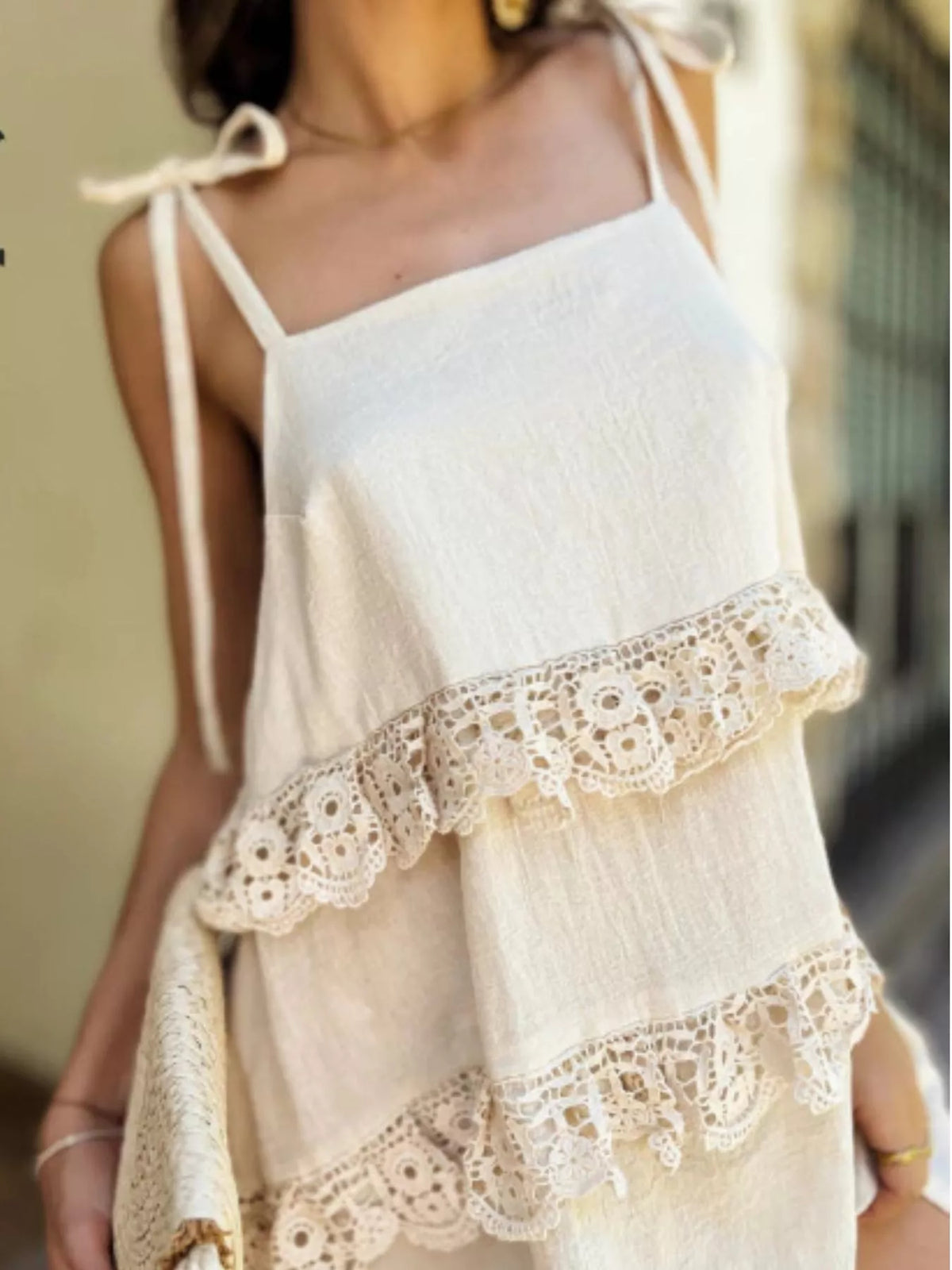 Lace trim dress shown from the side