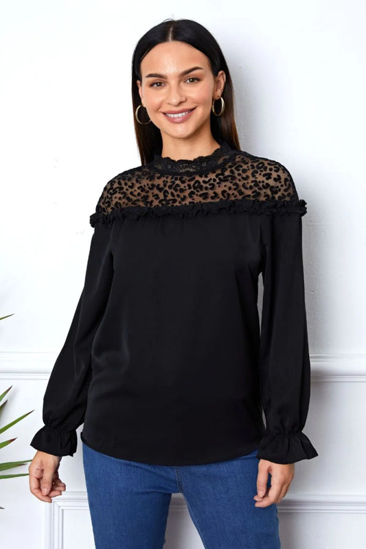 Leopard Frill Flounce Sleeve Blouse Black - Fashorio