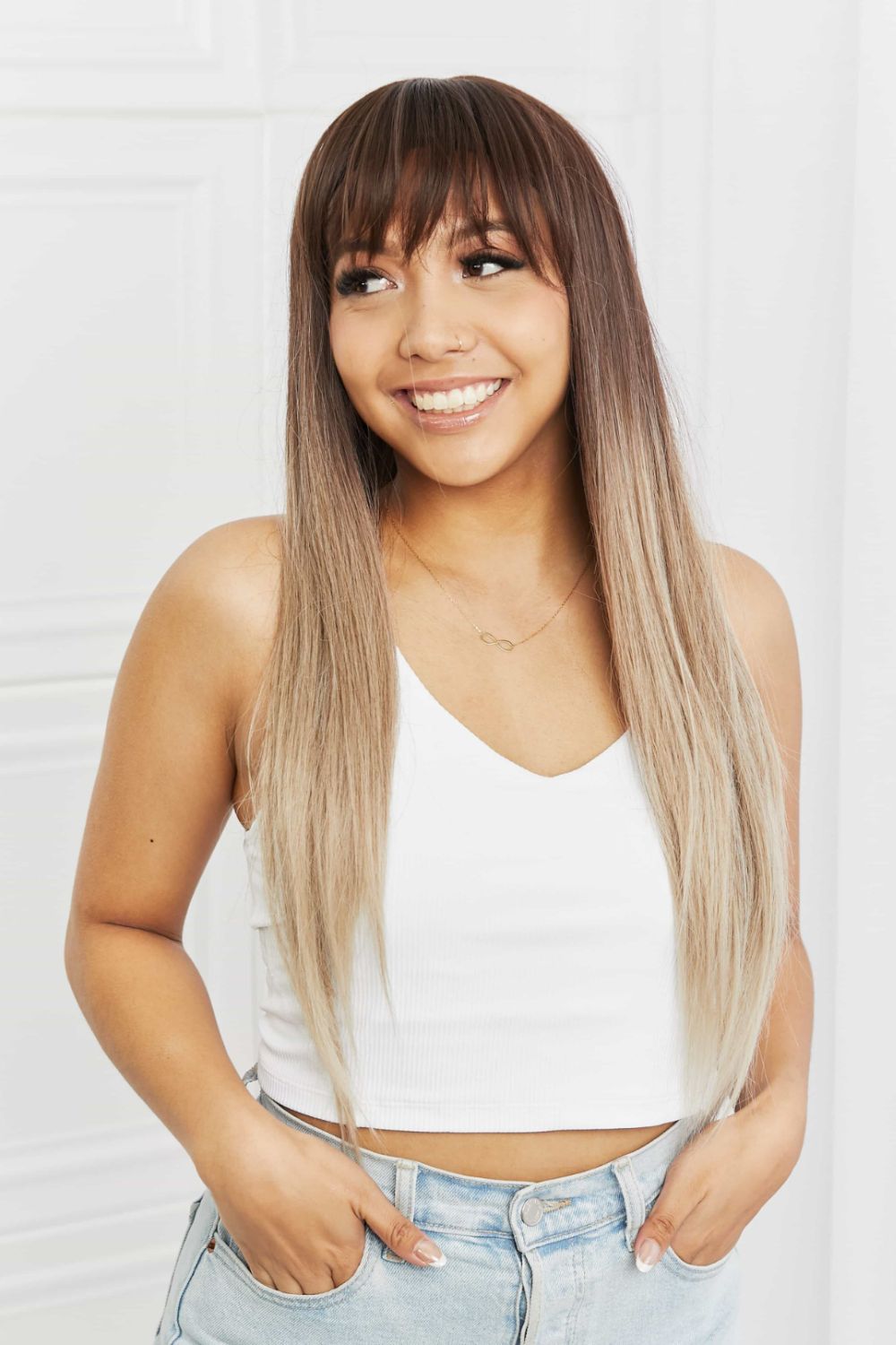 Long straight wig back view