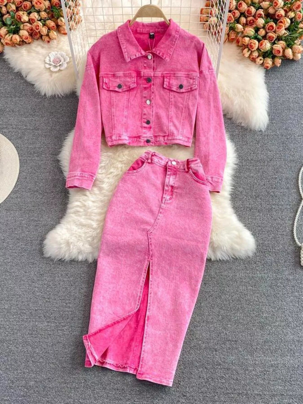 Pink denim jacket and slit skirt set front view
