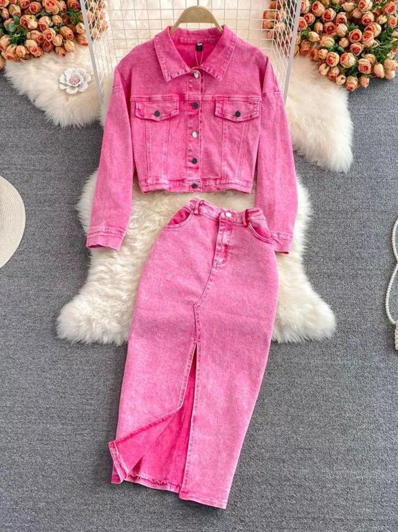 Pink denim jacket and slit skirt set front view