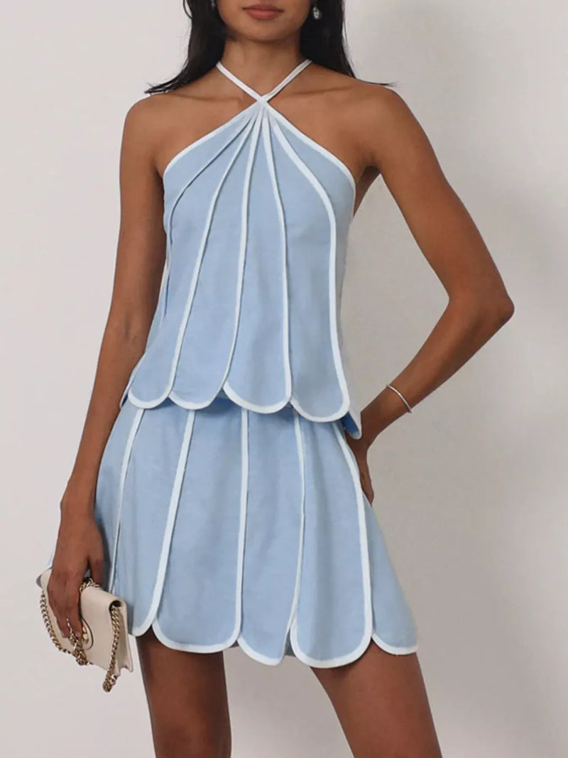 Contrast trim halter top and skirt set front view