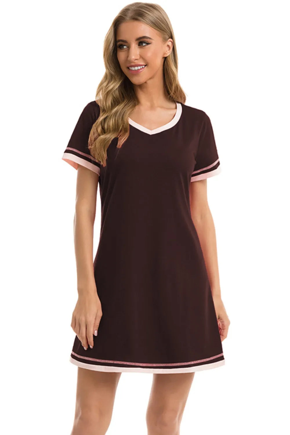Contrast Trim Short Sleeve Lounge Dress - Fashorio