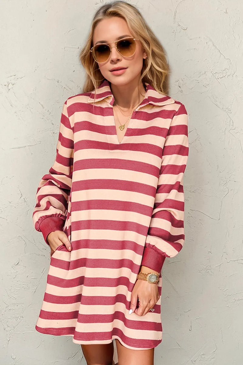 Striped contrast collared long sleeve dress front view