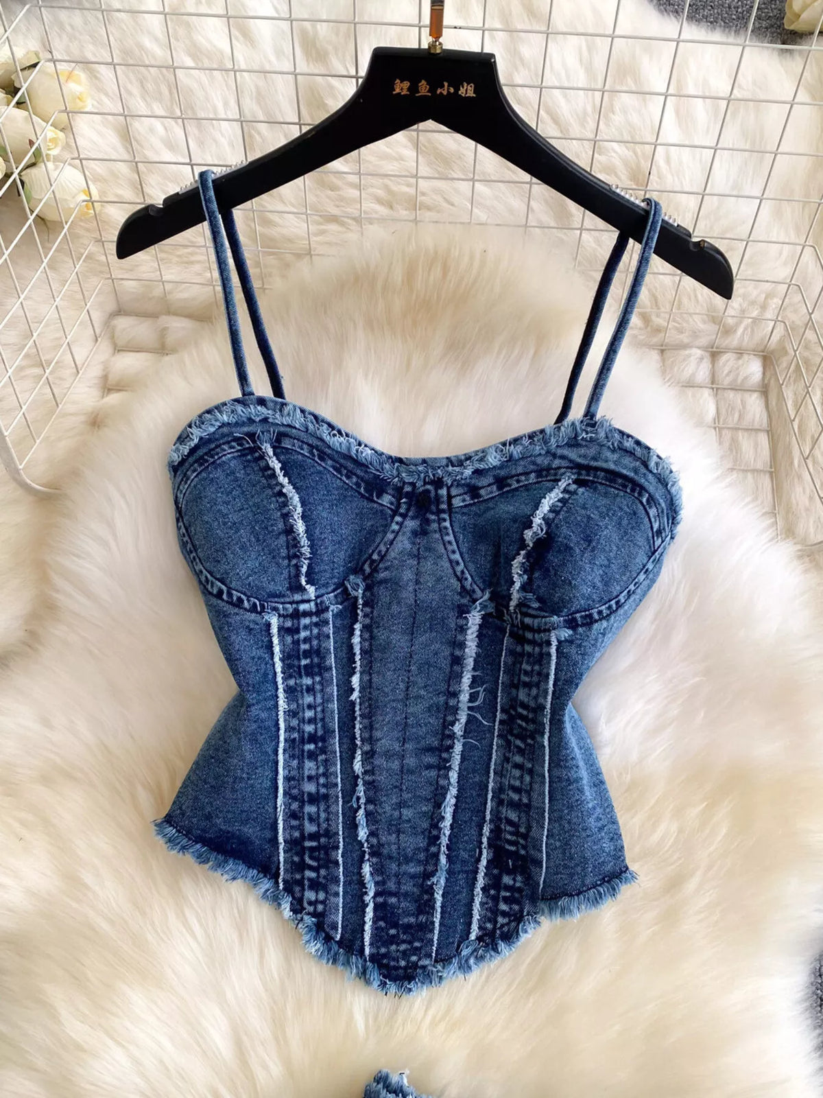 Blue denim two piece set with raw hem detail