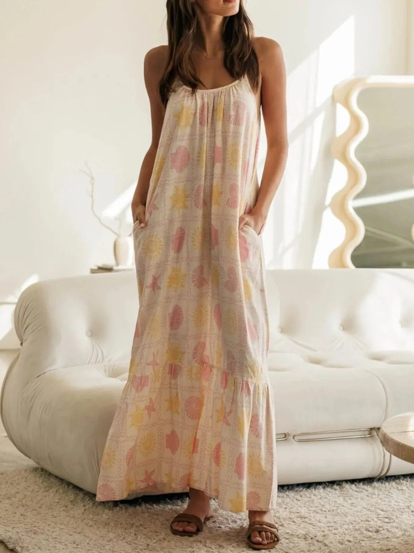 Printed Maxi Lounge Dress with Ruffled Hem - Fashorio