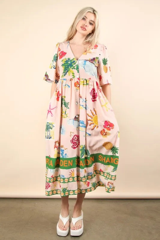Button Down Printed Midi Dress back view