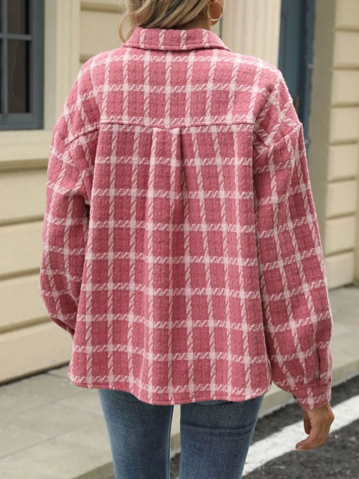 Plaid Button Up Jacket in White and Red view 10