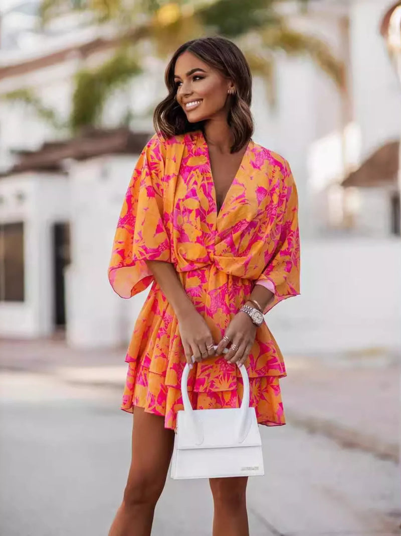 Printed surplice tiered mini dress front view