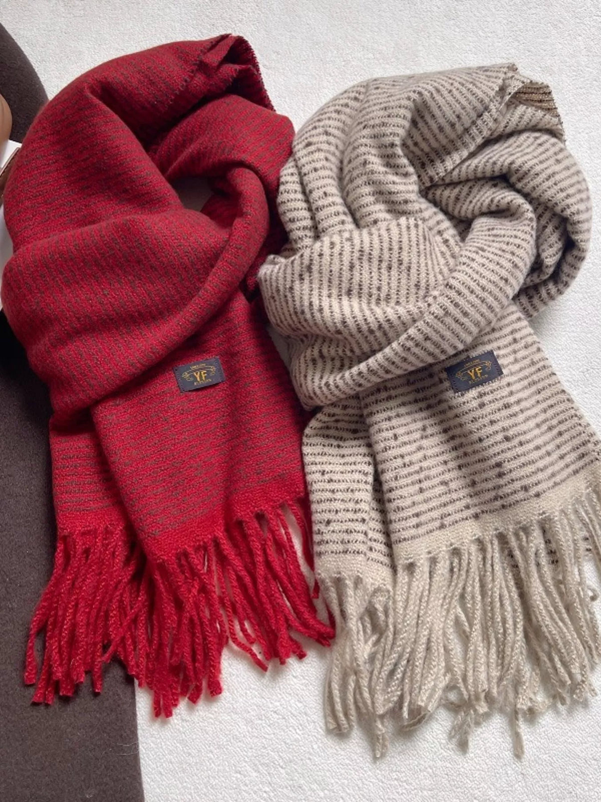Full length view of the striped tassel scarf
