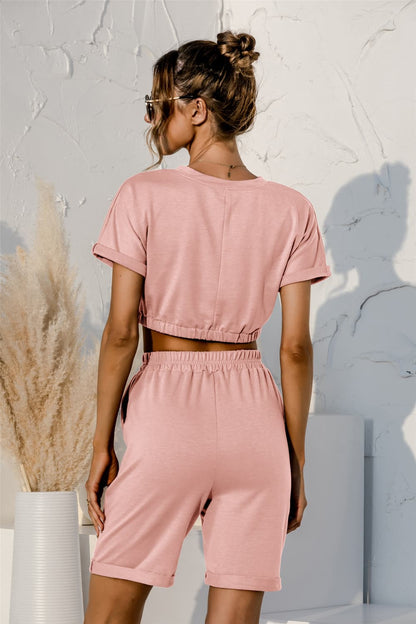 Short Sleeve Cropped Top and Drawstring Shorts Lounge Set - Fashorio