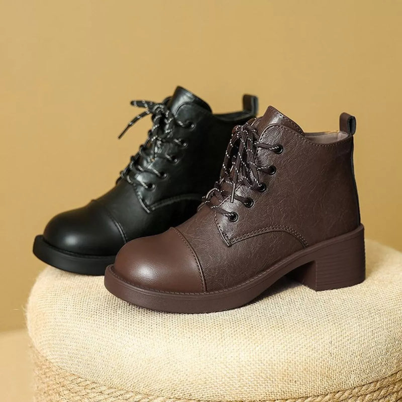 brown round toe block heel boots front view