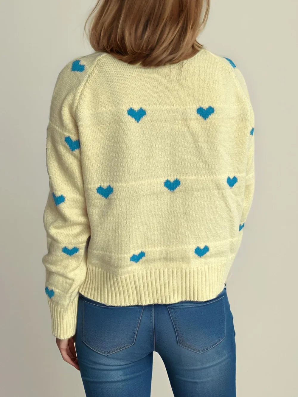 Heart Round Neck Zip Up Cardigan - Fashorio