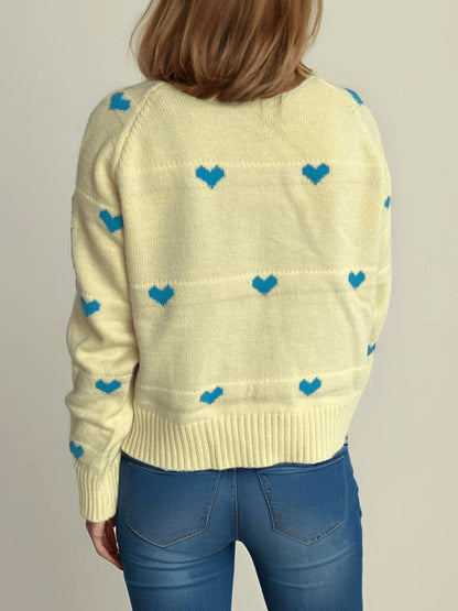 Heart Round Neck Zip Up Cardigan - Fashorio